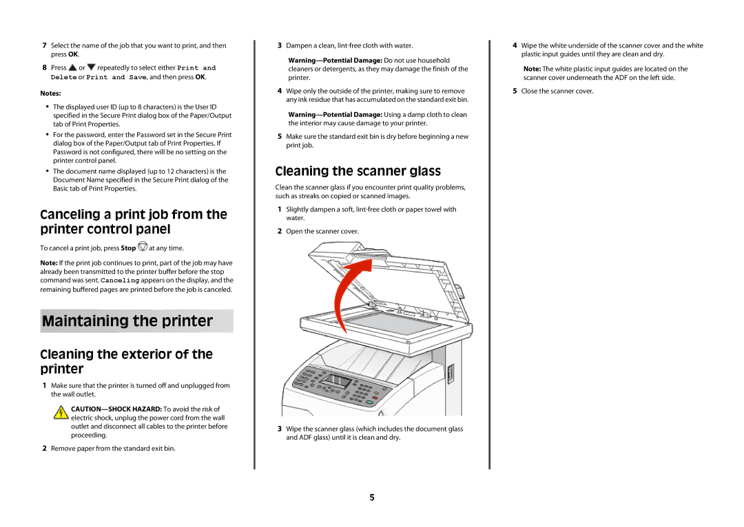 Lexmark x560 Maintaining the printer, Canceling a print job from the printer control panel, Cleaning the scanner glass 