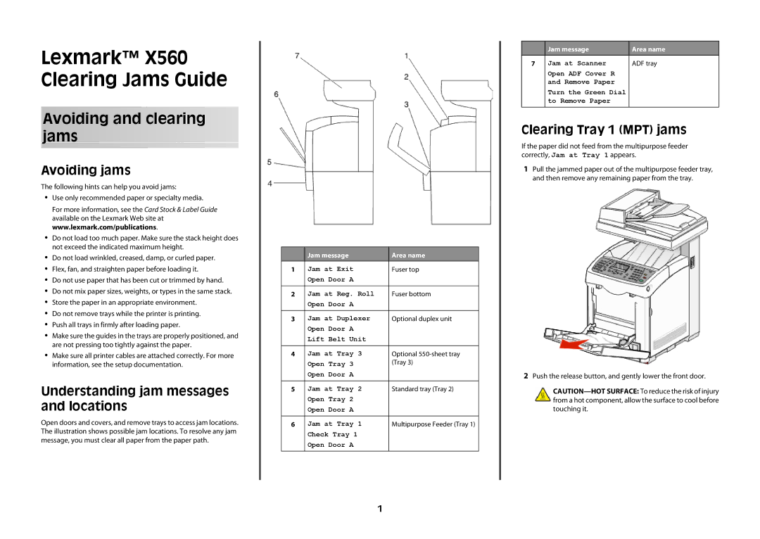 Lexmark x560 manual Avoiding jams, Understanding jam messages and locations, Clearing Tray 1 MPT jams 