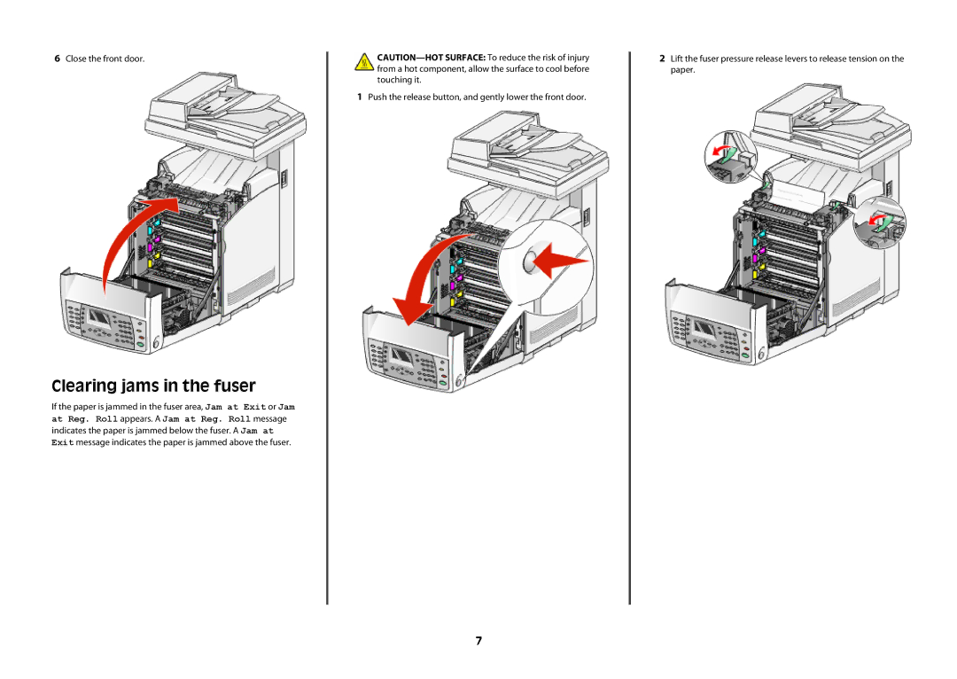 Lexmark x560 manual Clearing jams in the fuser 