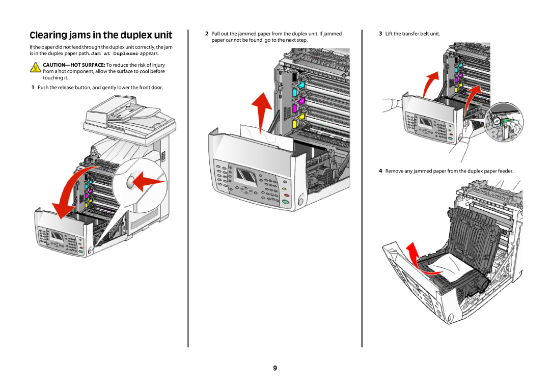 Lexmark x560 manual Clearing jams in the duplex unit 