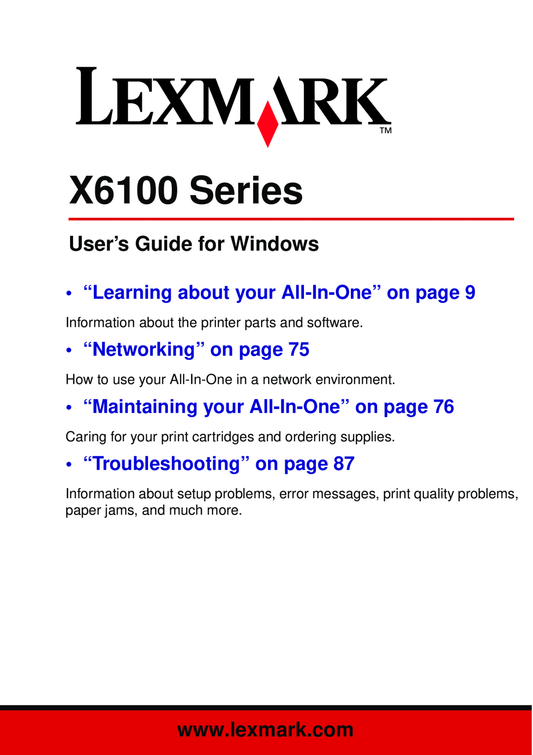 Lexmark manual X6100 Series, User’s Guide for Windows, “Learning about your All-In-One”on page, • “Networking” on page 