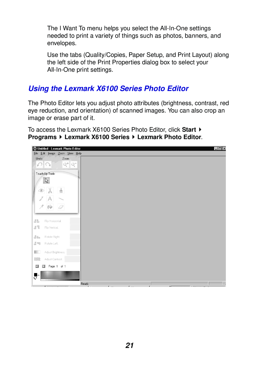 Lexmark manual Using the Lexmark X6100 Series Photo Editor 