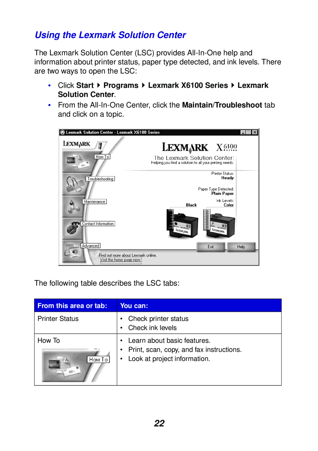 Lexmark X6100 manual Using the Lexmark Solution Center 
