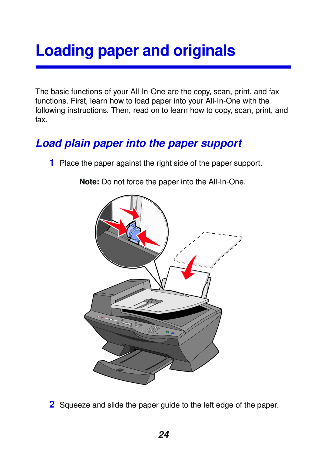Lexmark X6100 manual Loading paper and originals, Load plain paper into the paper support 