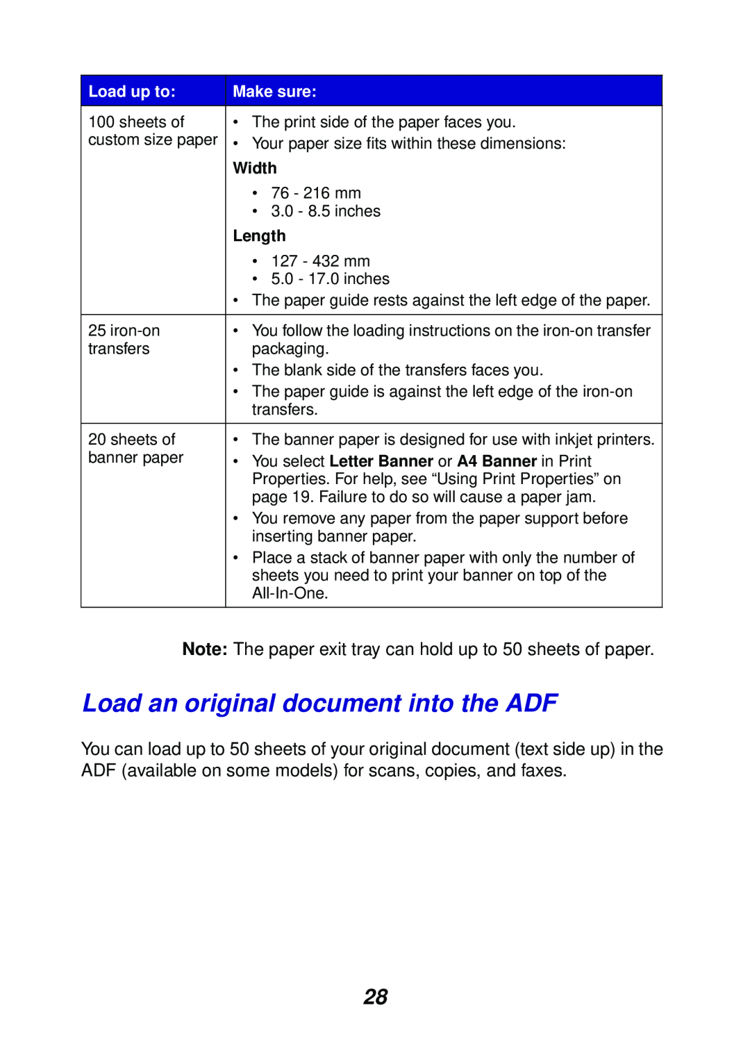 Lexmark X6100 manual Load an original document into the ADF, Width, Length 