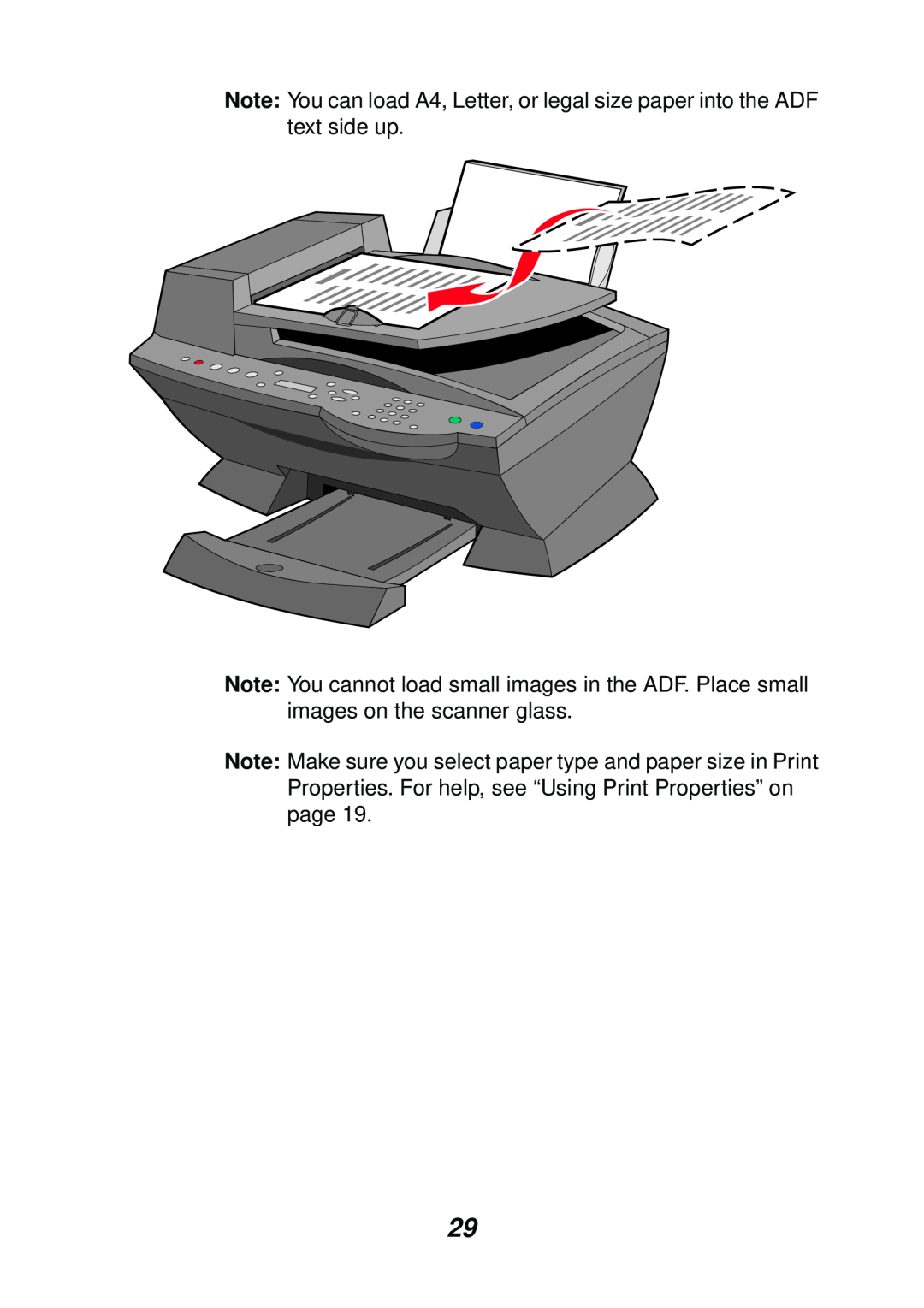 Lexmark X6100 manual Note: You can load A4, Letter, or legal size paper into the ADF text side up 
