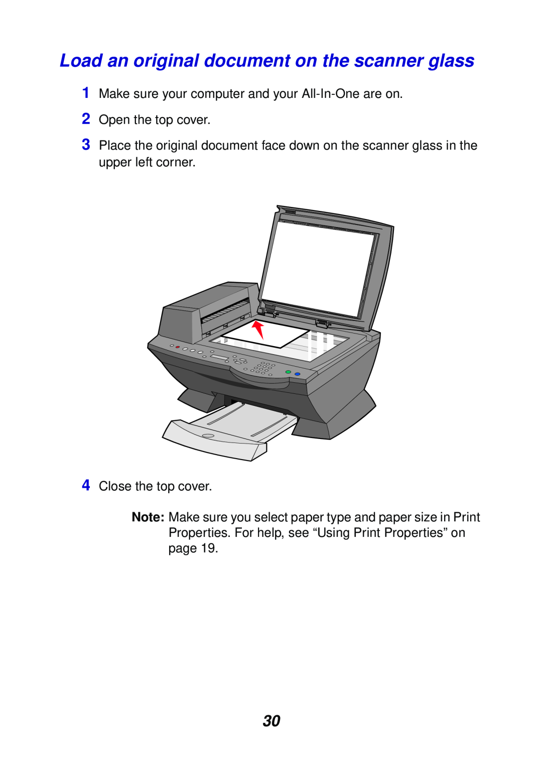 Lexmark X6100 manual Load an original document on the scanner glass, 2Open the top cover, 4Close the top cover 