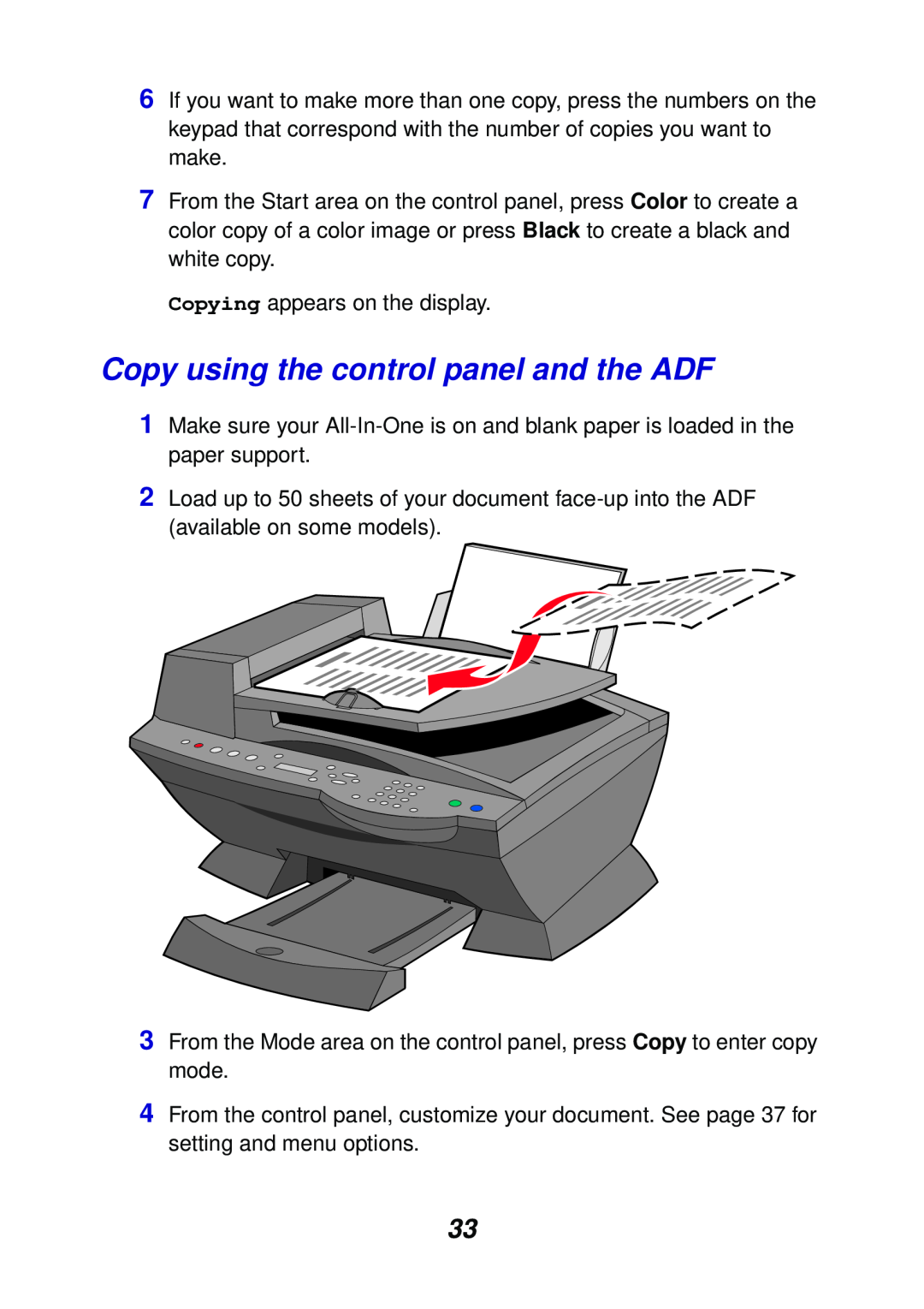 Lexmark X6100 manual Copy using the control panel and the ADF 