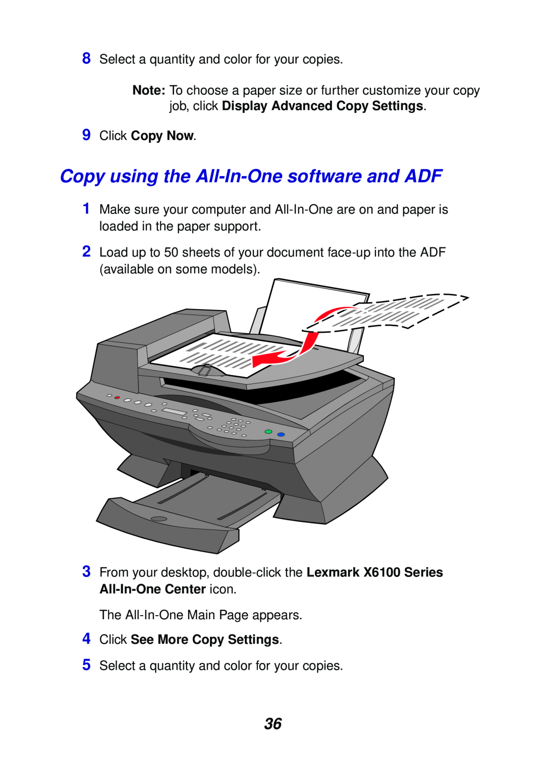 Lexmark X6100 manual Copy using the All-In-Onesoftware and ADF, 9Click Copy Now, 4Click See More Copy Settings 