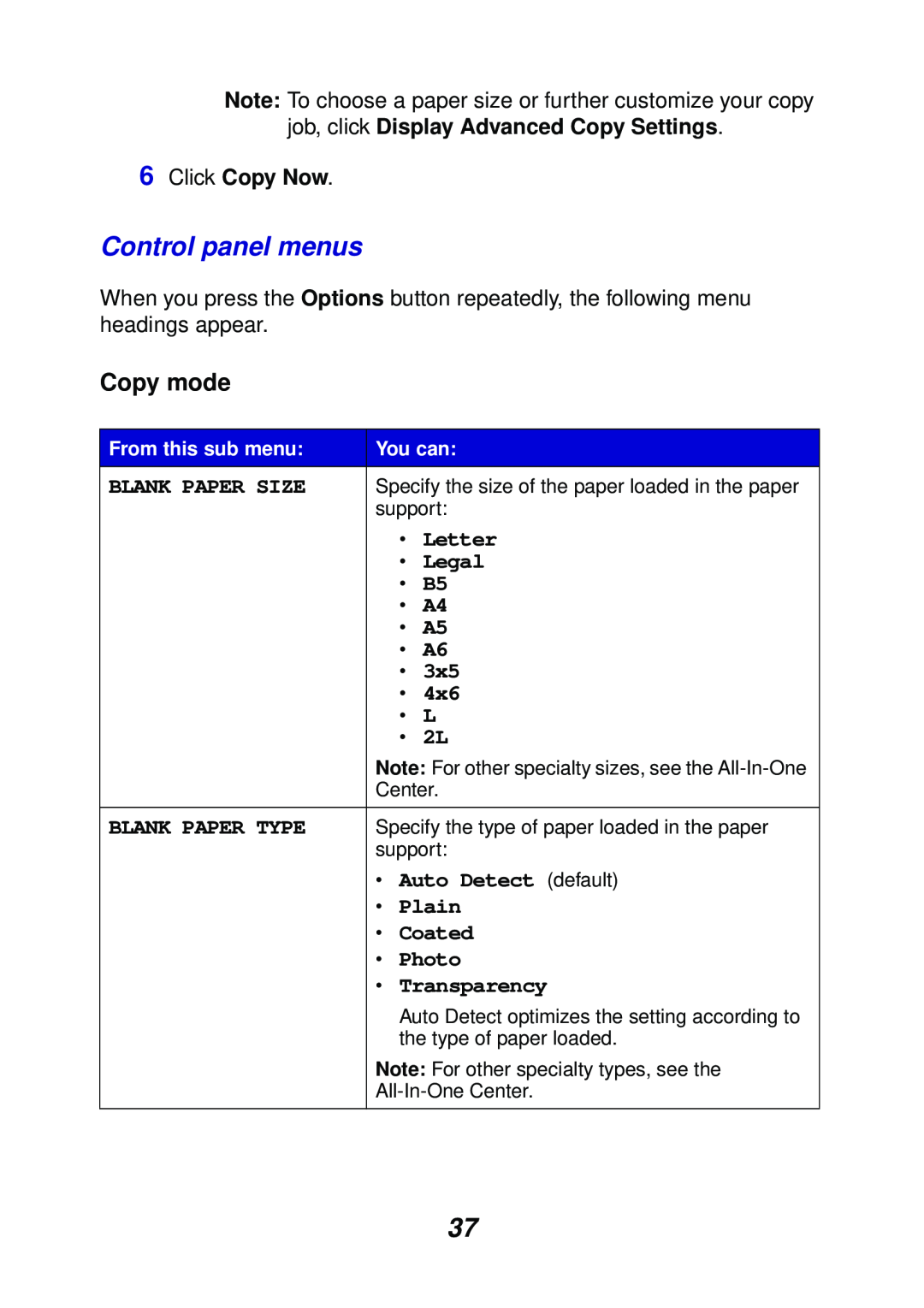 Lexmark X6100 manual Control panel menus, Copy mode, 6Click Copy Now 