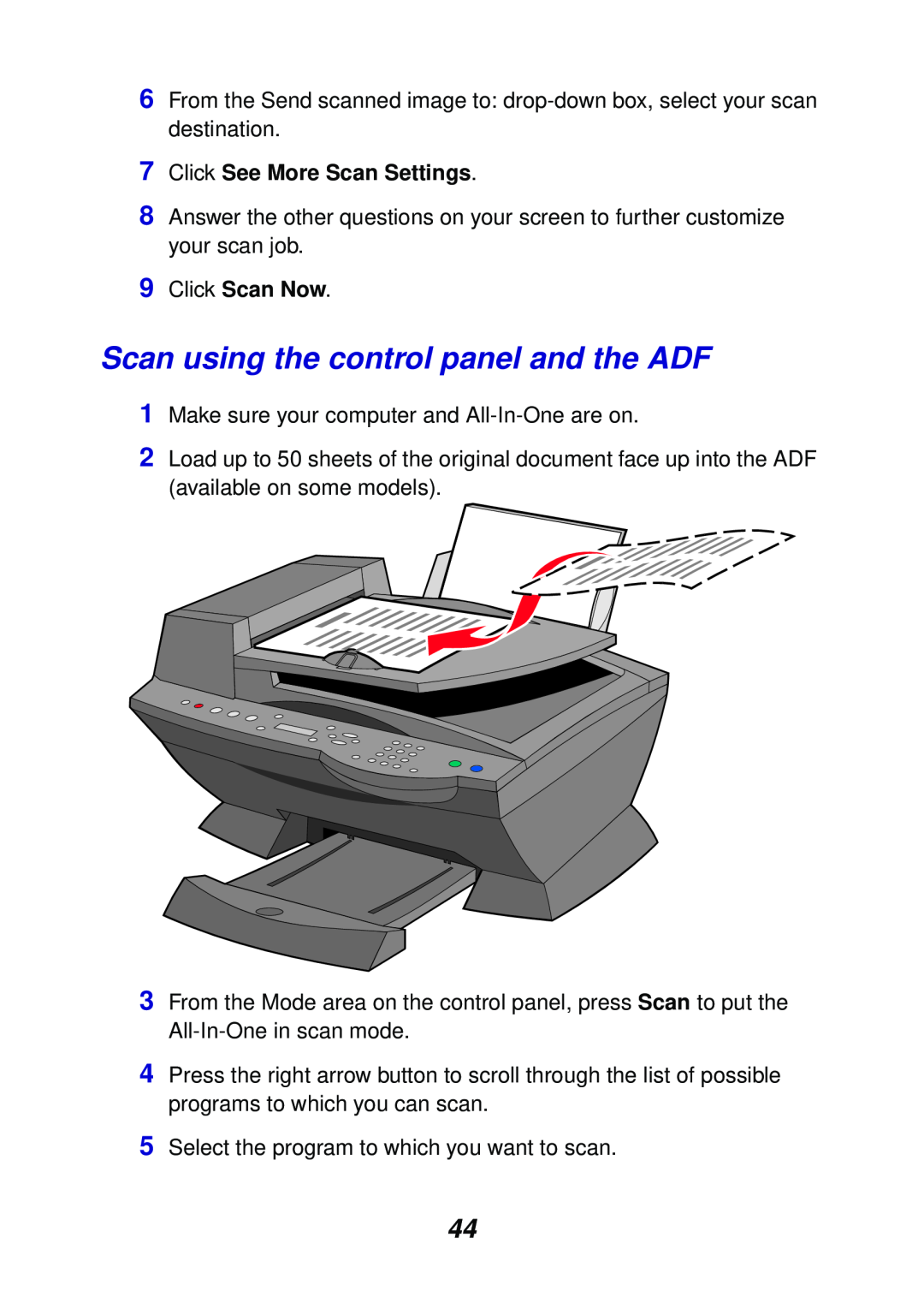Lexmark X6100 manual Scan using the control panel and the ADF, 7Click See More Scan Settings, 9Click Scan Now 
