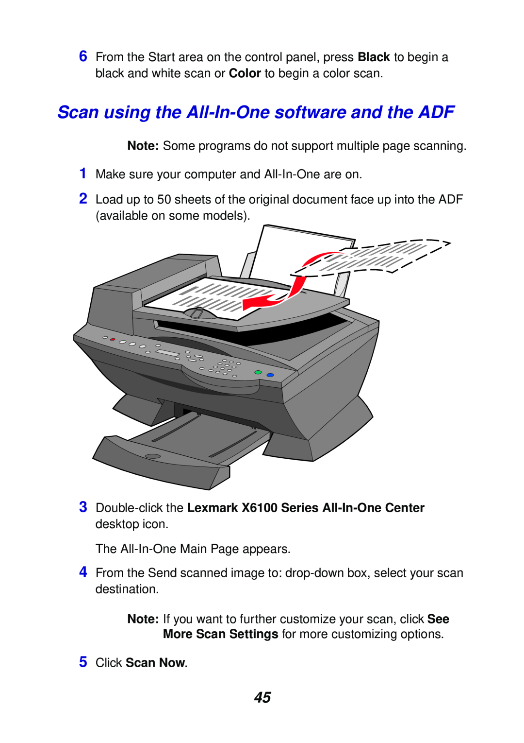Lexmark X6100 manual Scan using the All-In-Onesoftware and the ADF, 5Click Scan Now 