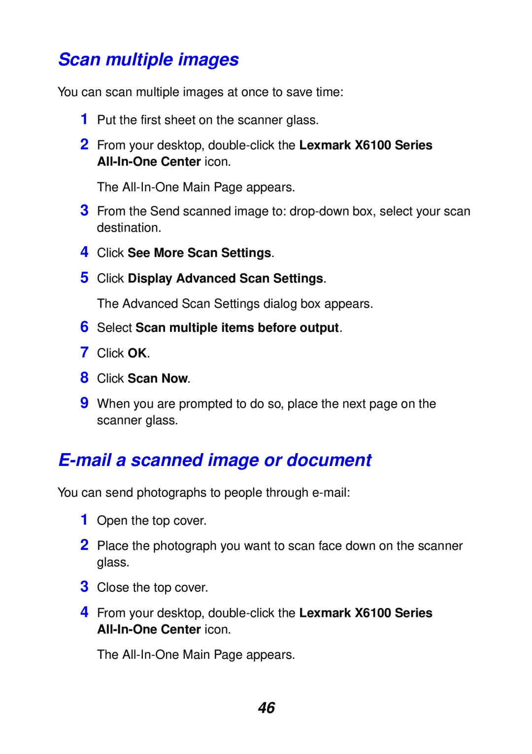 Lexmark X6100 Scan multiple images, E-maila scanned image or document, 4Click See More Scan Settings, 8Click Scan Now 
