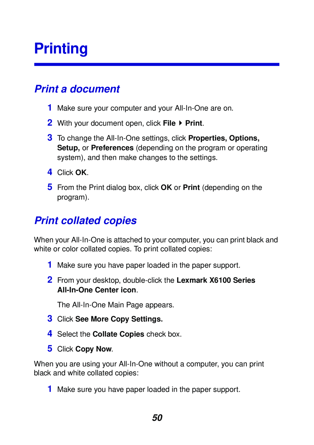 Lexmark X6100 manual Printing, Print a document, Print collated copies, 3Click See More Copy Settings, 5Click Copy Now 