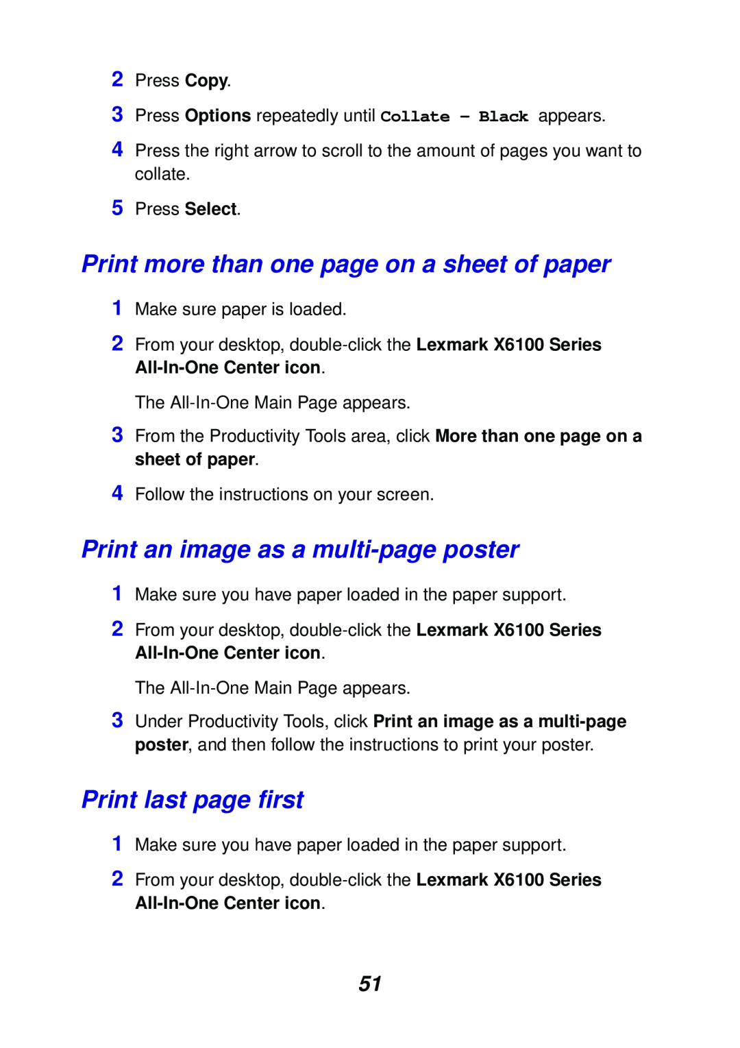 Lexmark X6100 Print more than one page on a sheet of paper, Print an image as a multi-pageposter, Print last page first 