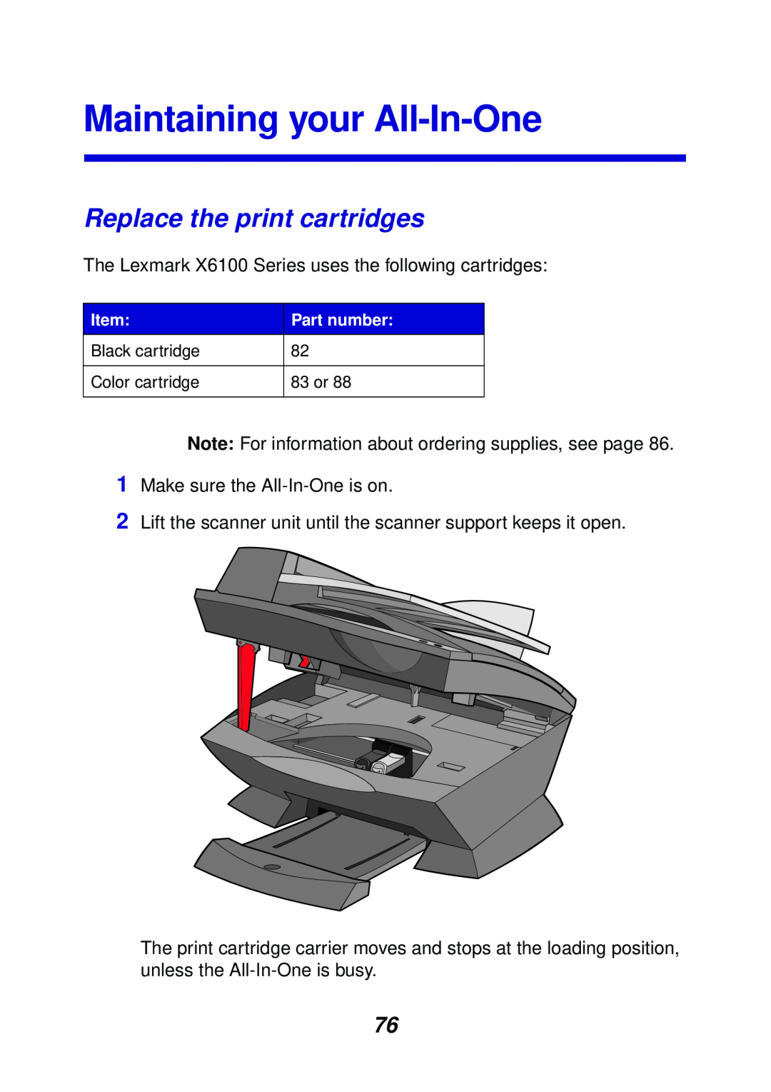 Lexmark X6100 manual Maintaining your All-In-One, Replace the print cartridges 