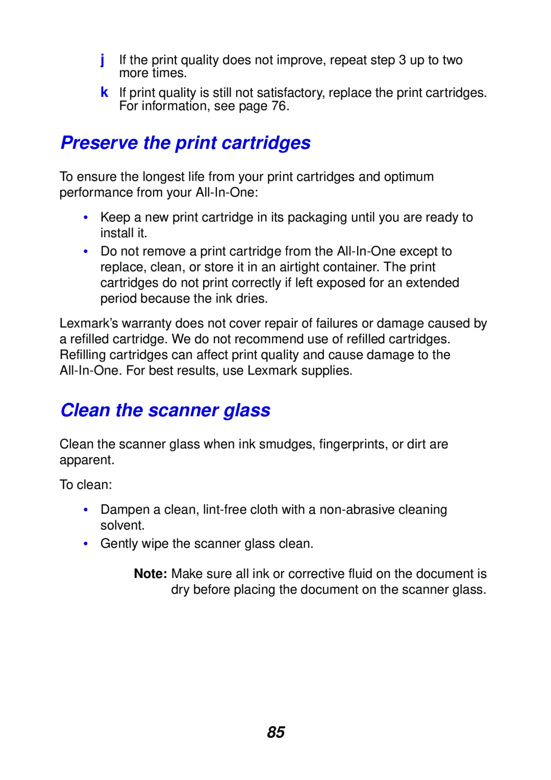 Lexmark X6100 manual Preserve the print cartridges, Clean the scanner glass 