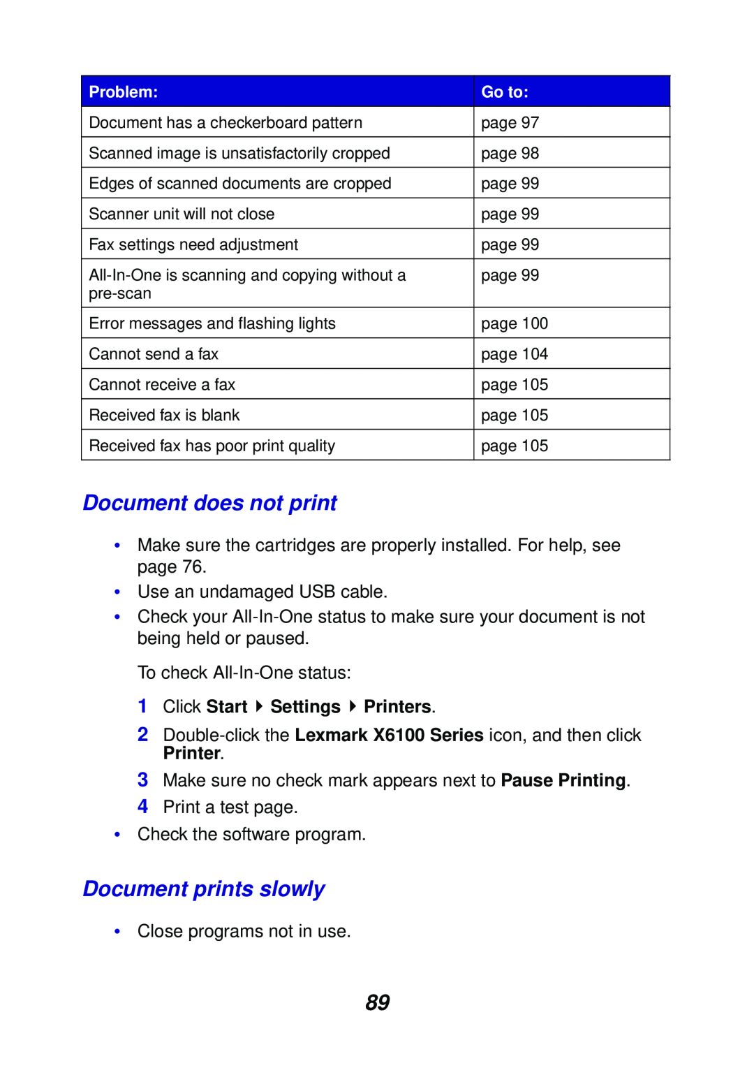 Lexmark X6100 manual Document does not print, Document prints slowly, Click Start Settings Printers 