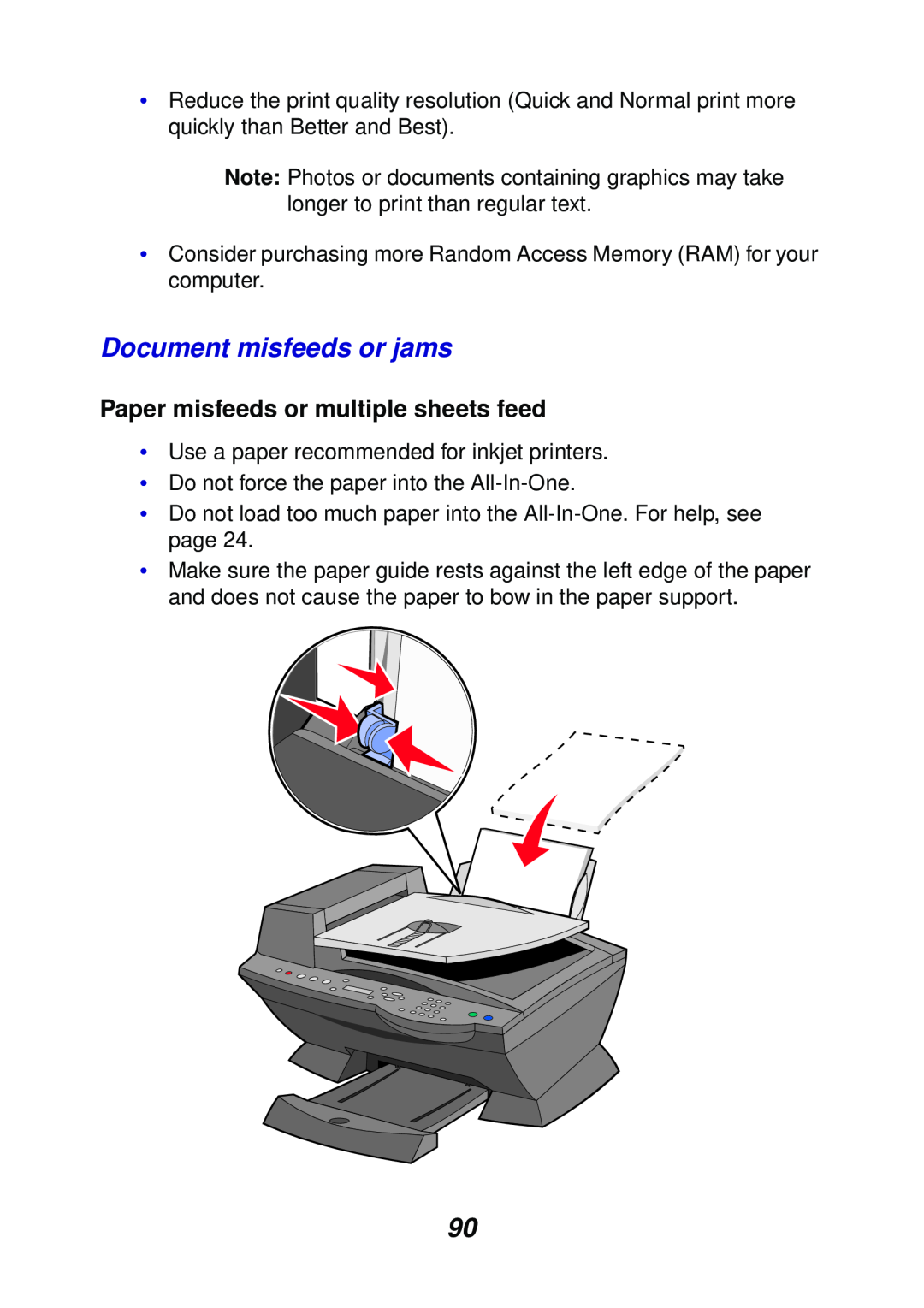 Lexmark X6100 manual Document misfeeds or jams, Paper misfeeds or multiple sheets feed 