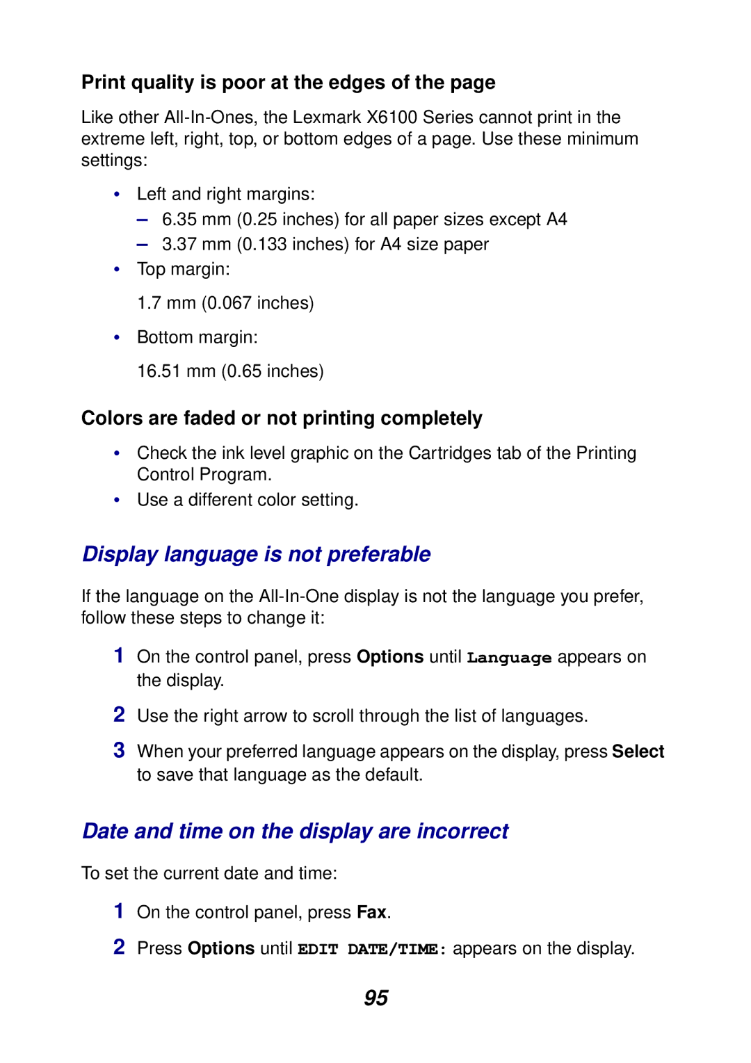 Lexmark X6100 manual Display language is not preferable, Date and time on the display are incorrect 