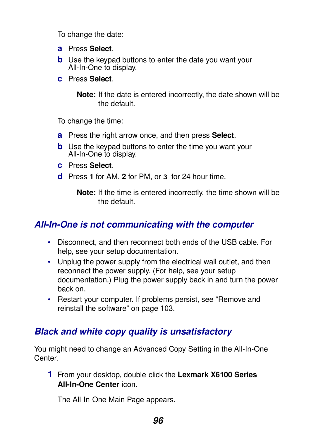 Lexmark X6100 manual All-In-One is not communicating with the computer, Black and white copy quality is unsatisfactory 