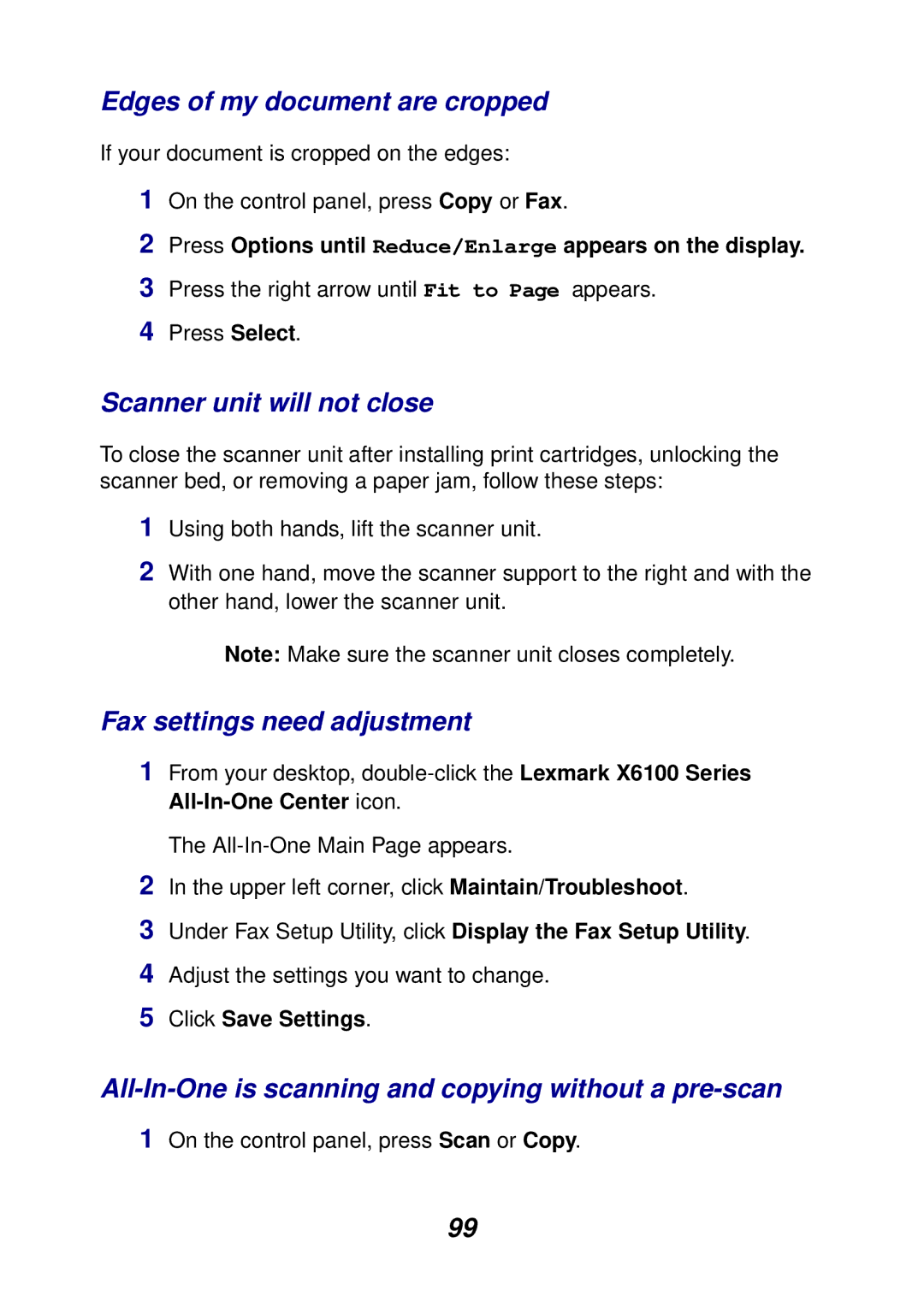 Lexmark X6100 manual Edges of my document are cropped, Scanner unit will not close, Fax settings need adjustment 