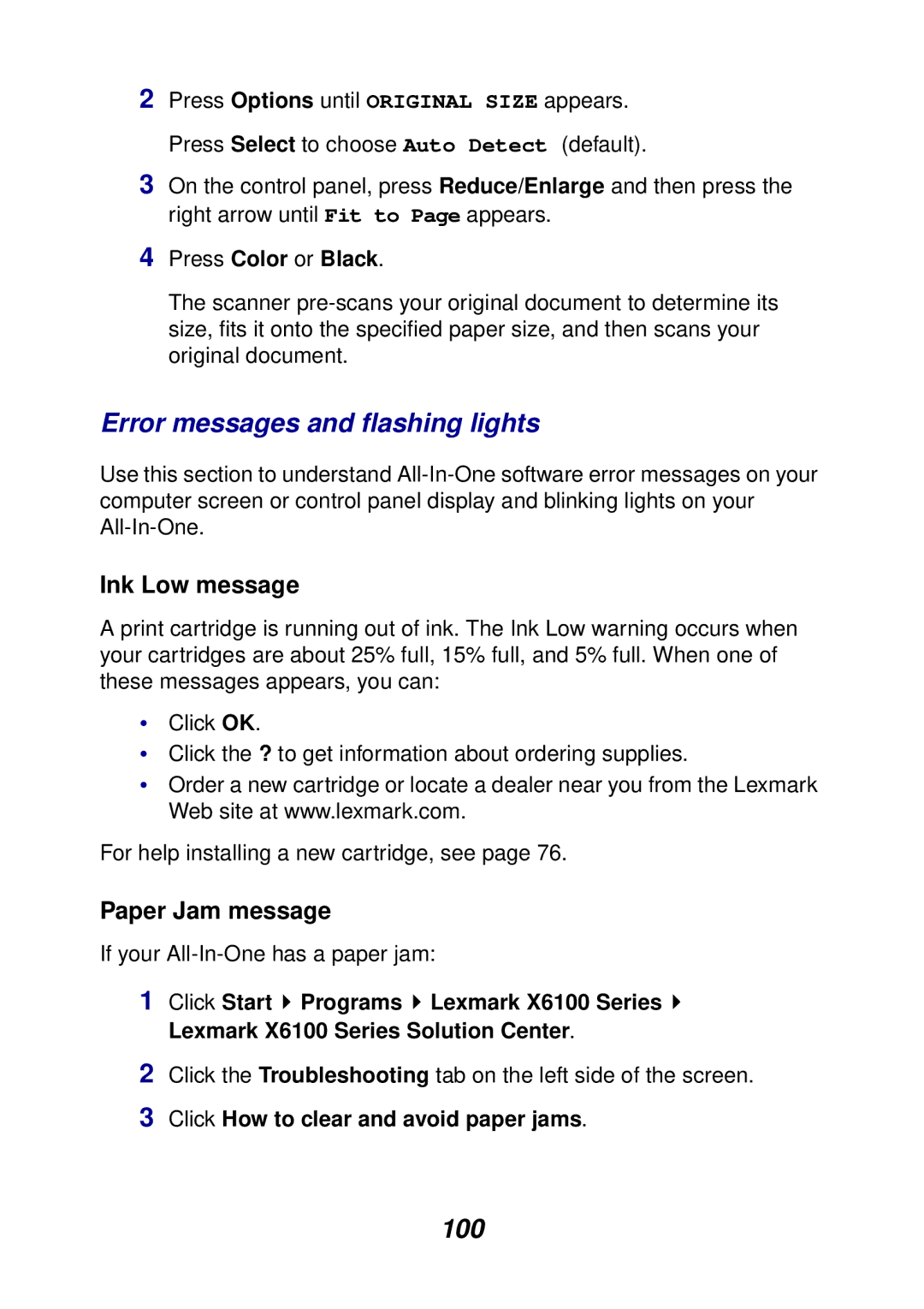 Lexmark X6100 manual Error messages and flashing lights, Ink Low message, Paper Jam message 