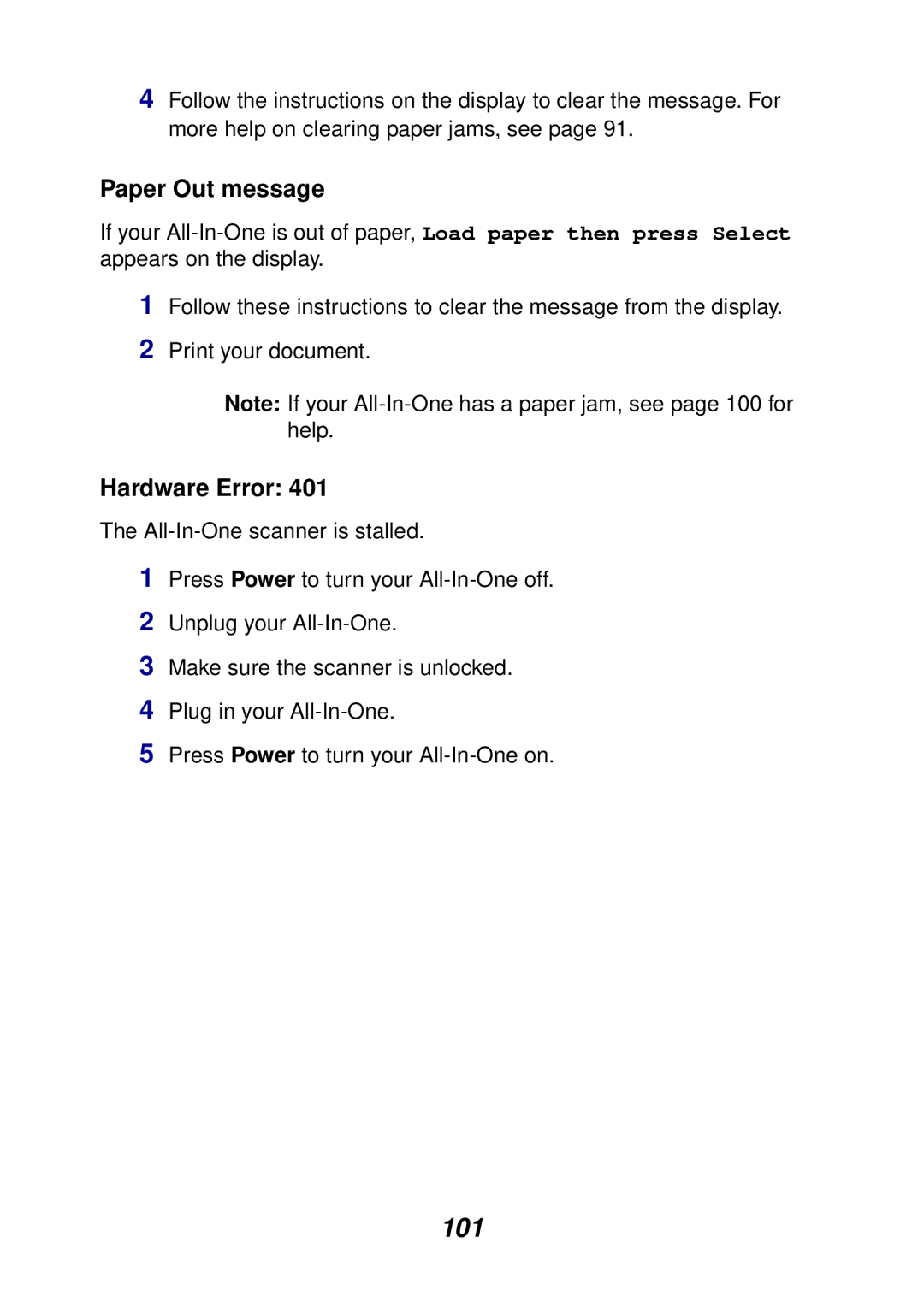 Lexmark X6100 manual 101, Paper Out message, Hardware Error 