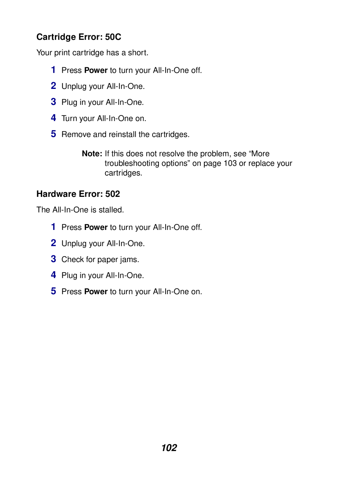 Lexmark X6100 manual 102, Cartridge Error 50C 