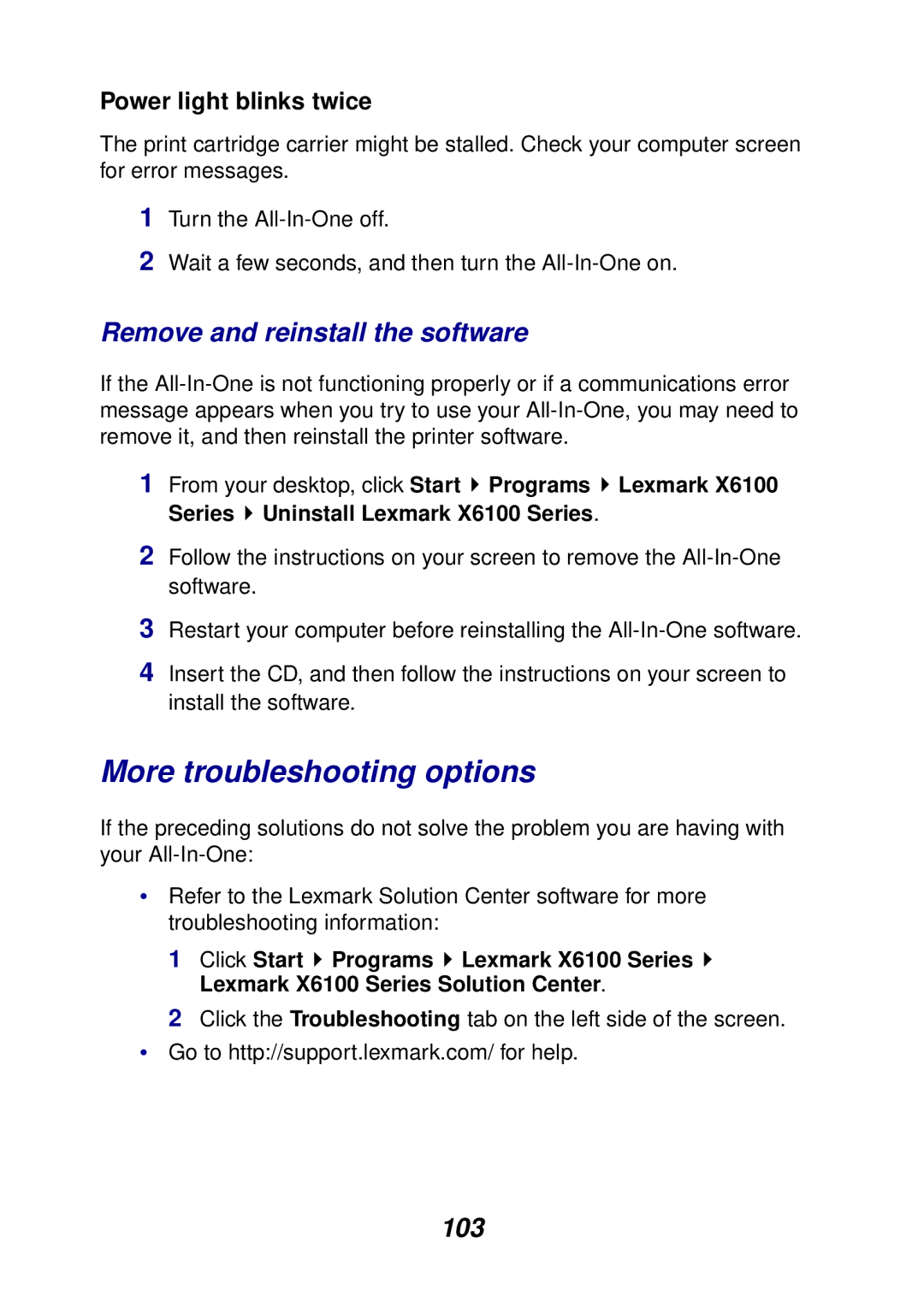 Lexmark X6100 manual More troubleshooting options, Remove and reinstall the software, 103, Power light blinks twice 