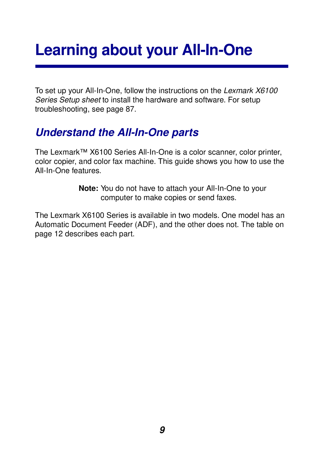 Lexmark X6100 manual Learning about your All-In-One, Understand the All-In-One parts 