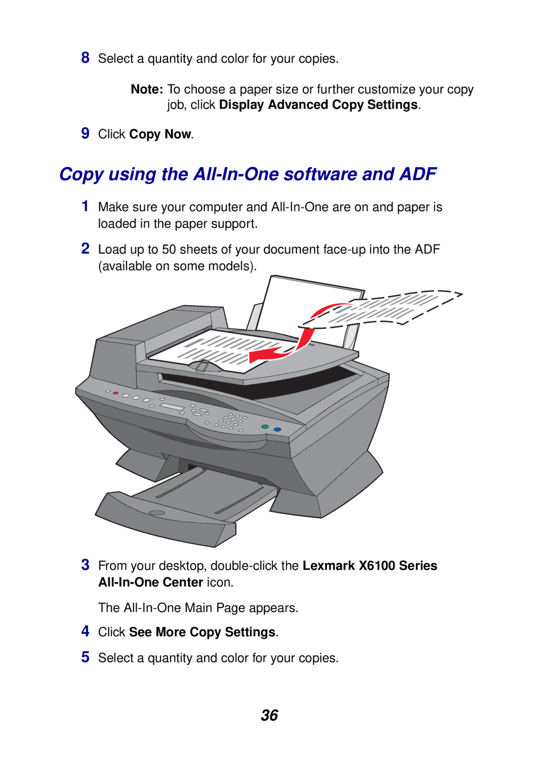 Lexmark X6100 manual Copy using the All-In-One software and ADF 