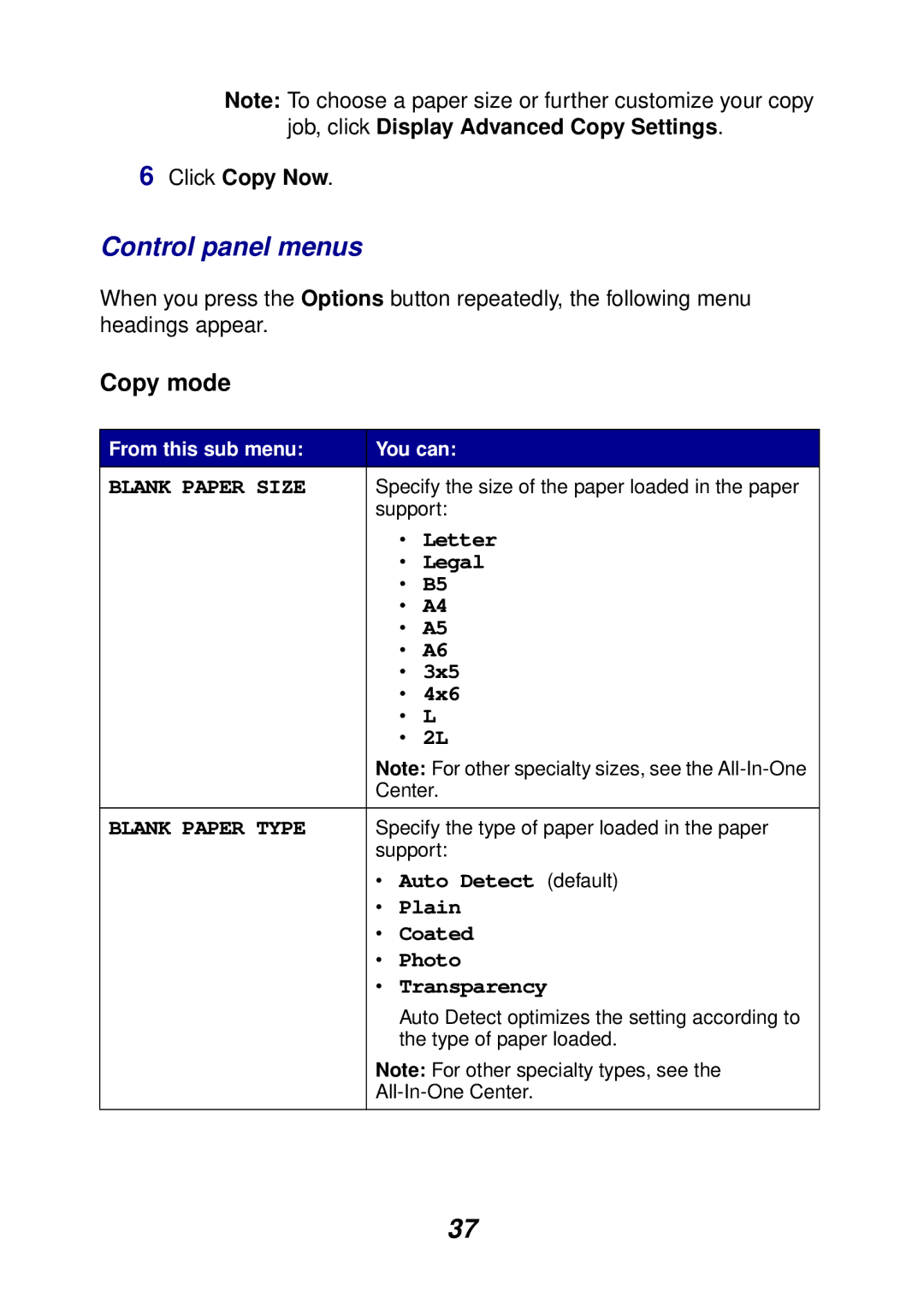 Lexmark X6100 manual Control panel menus, Copy mode 