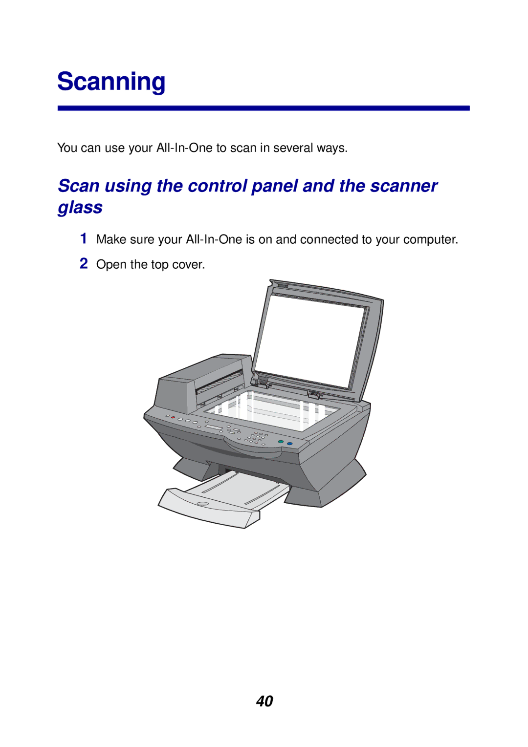 Lexmark X6100 manual Scanning, Scan using the control panel and the scanner glass 