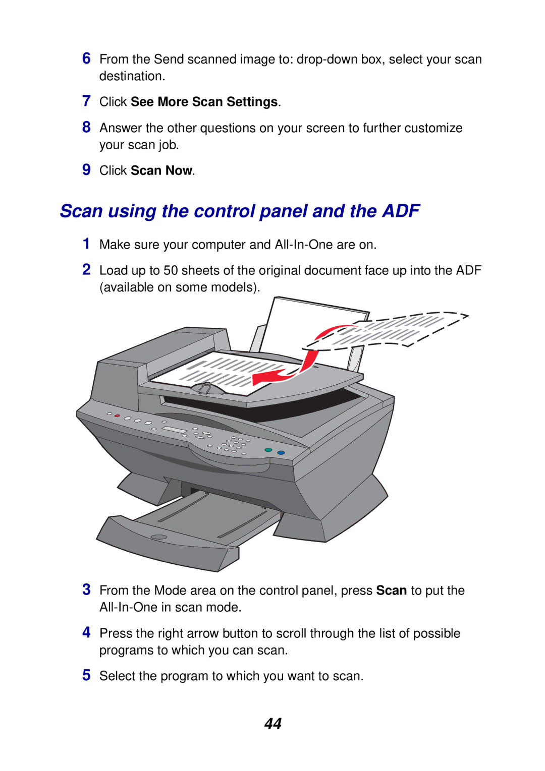 Lexmark X6100 manual Scan using the control panel and the ADF 