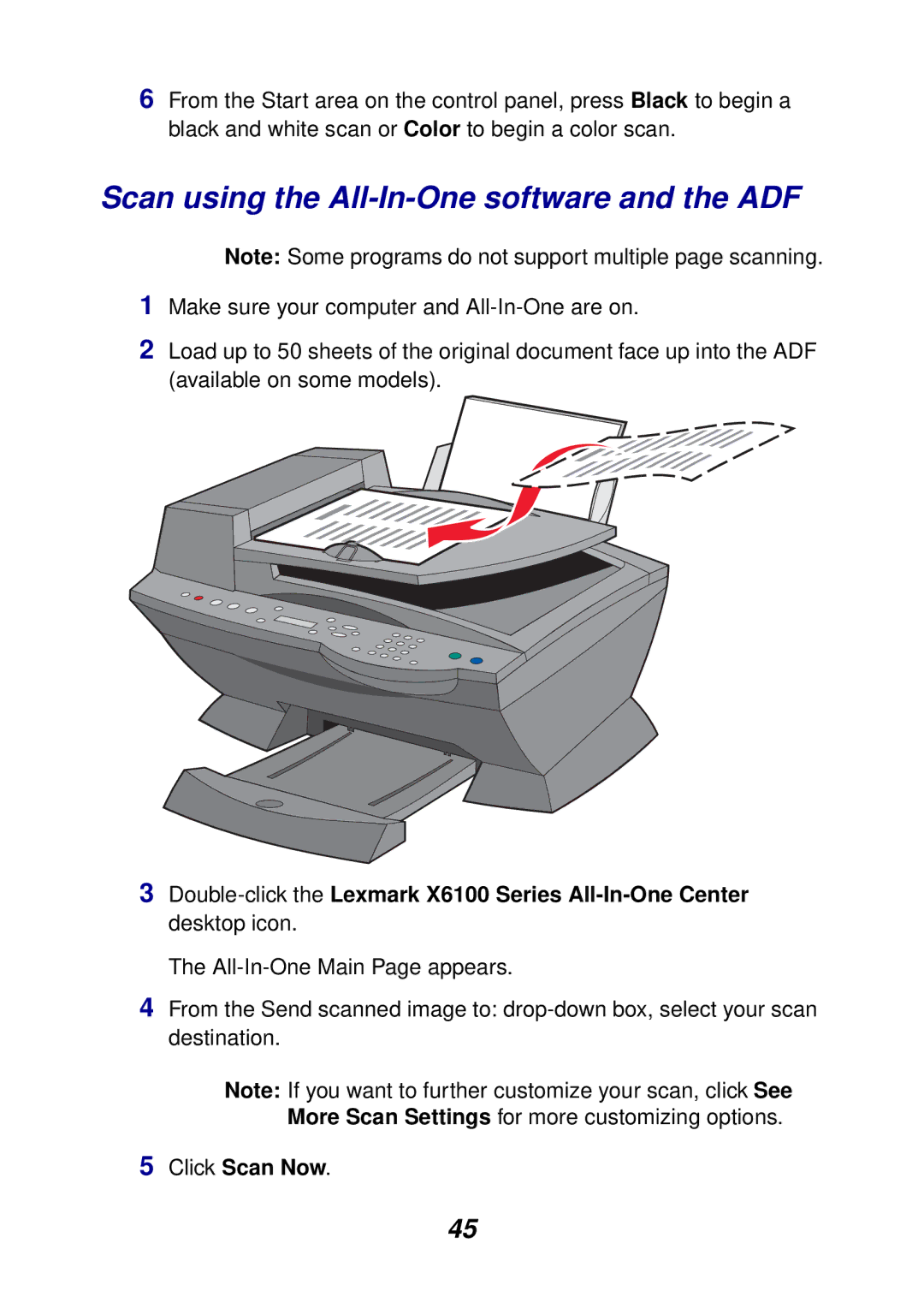 Lexmark X6100 manual Scan using the All-In-One software and the ADF 