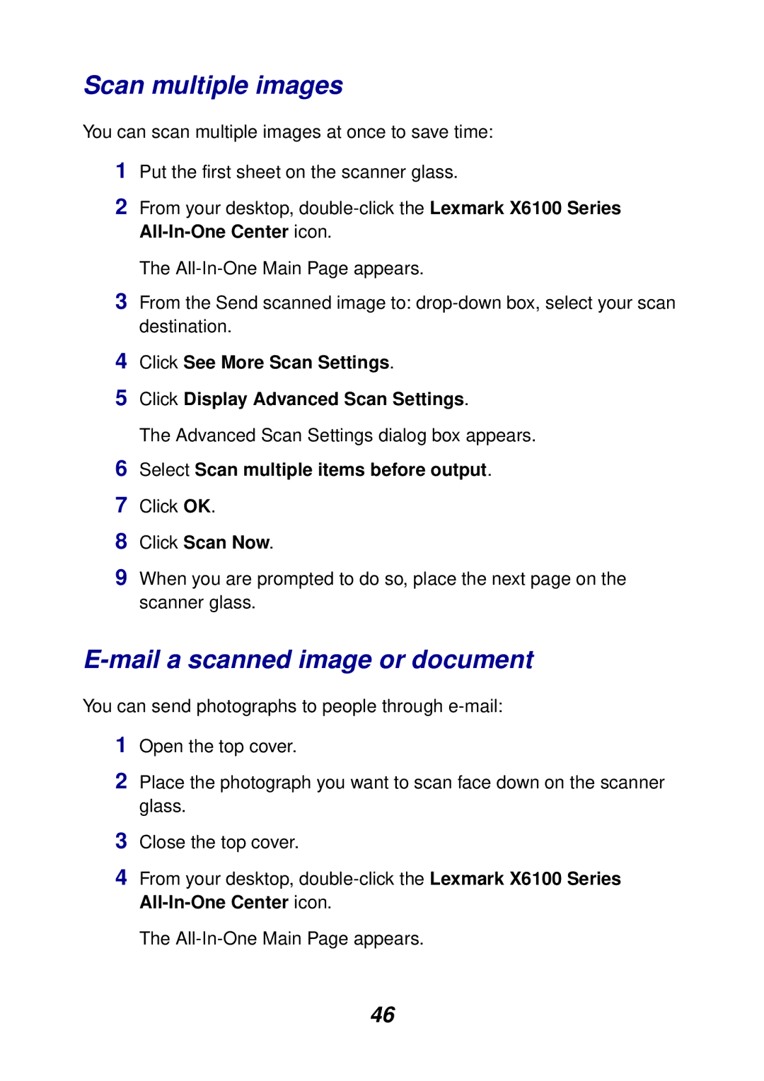 Lexmark X6100 manual Scan multiple images, Mail a scanned image or document 