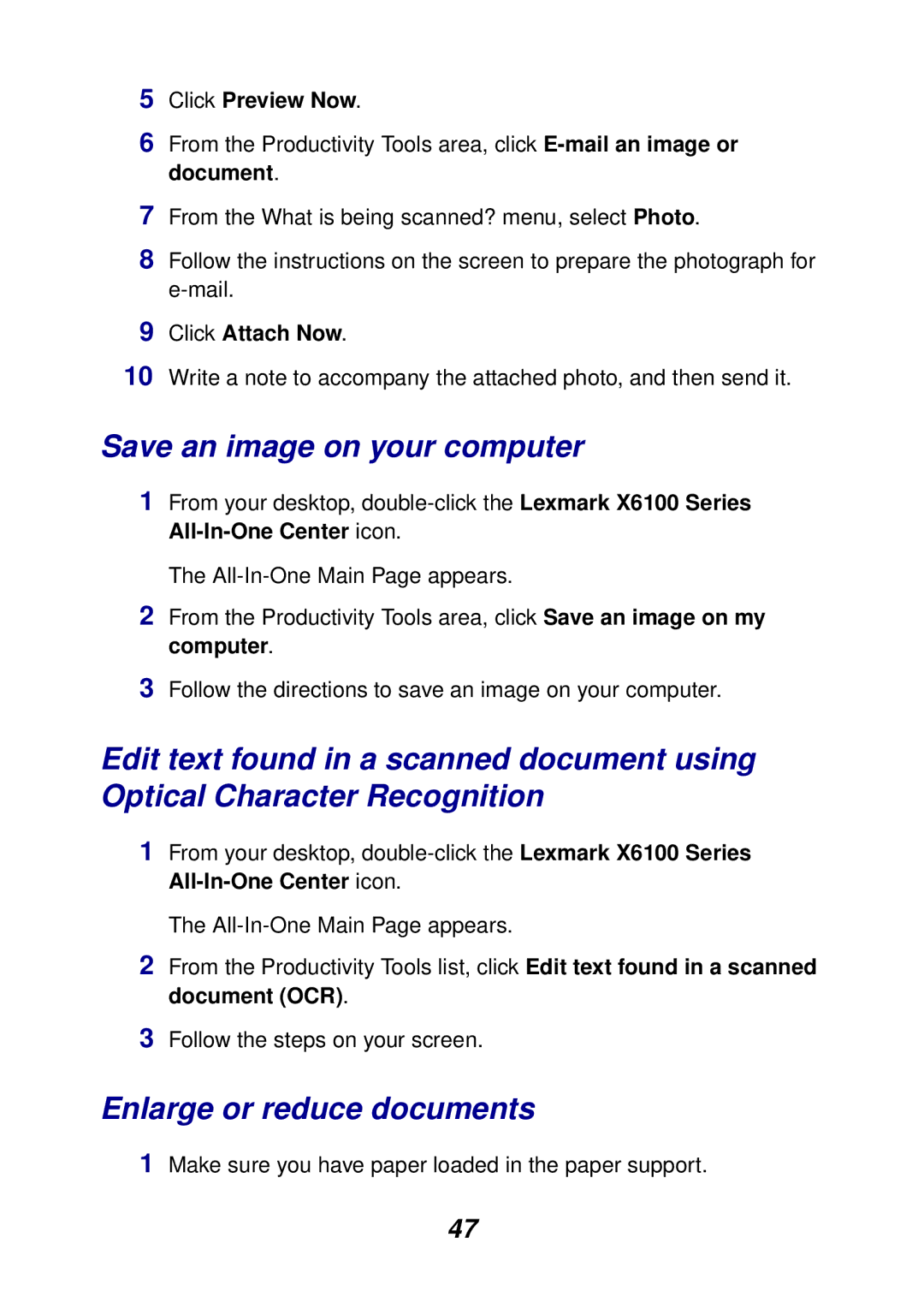 Lexmark X6100 manual Save an image on your computer, Enlarge or reduce documents 