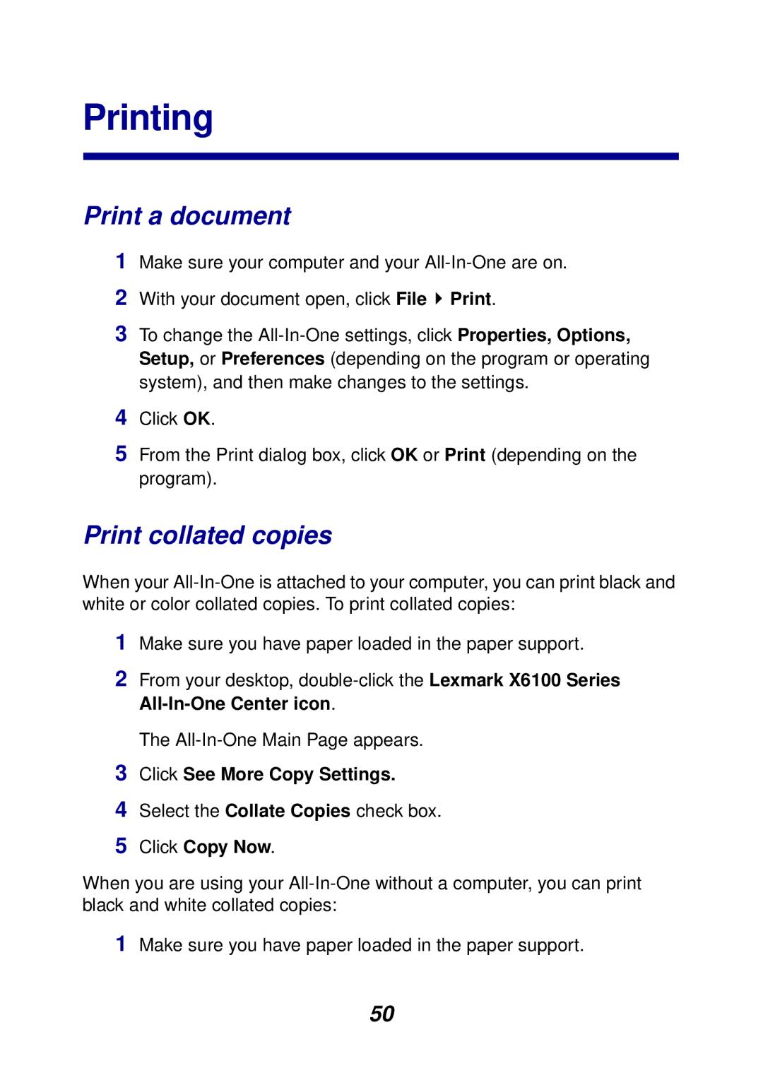 Lexmark X6100 manual Printing, Print a document, Print collated copies 