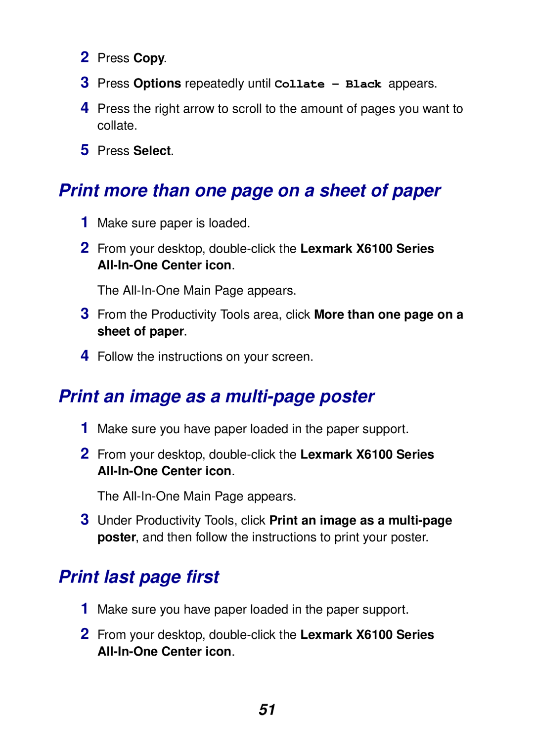 Lexmark X6100 Print more than one page on a sheet of paper, Print an image as a multi-page poster, Print last page first 