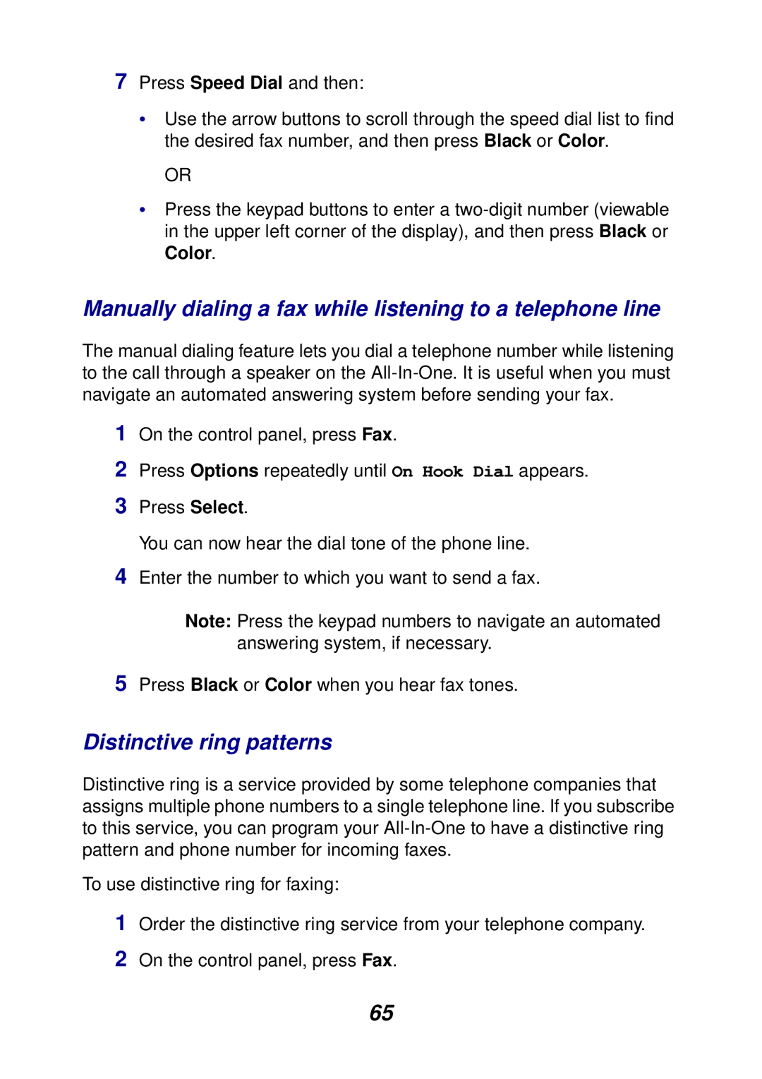 Lexmark X6100 manual Manually dialing a fax while listening to a telephone line, Distinctive ring patterns 