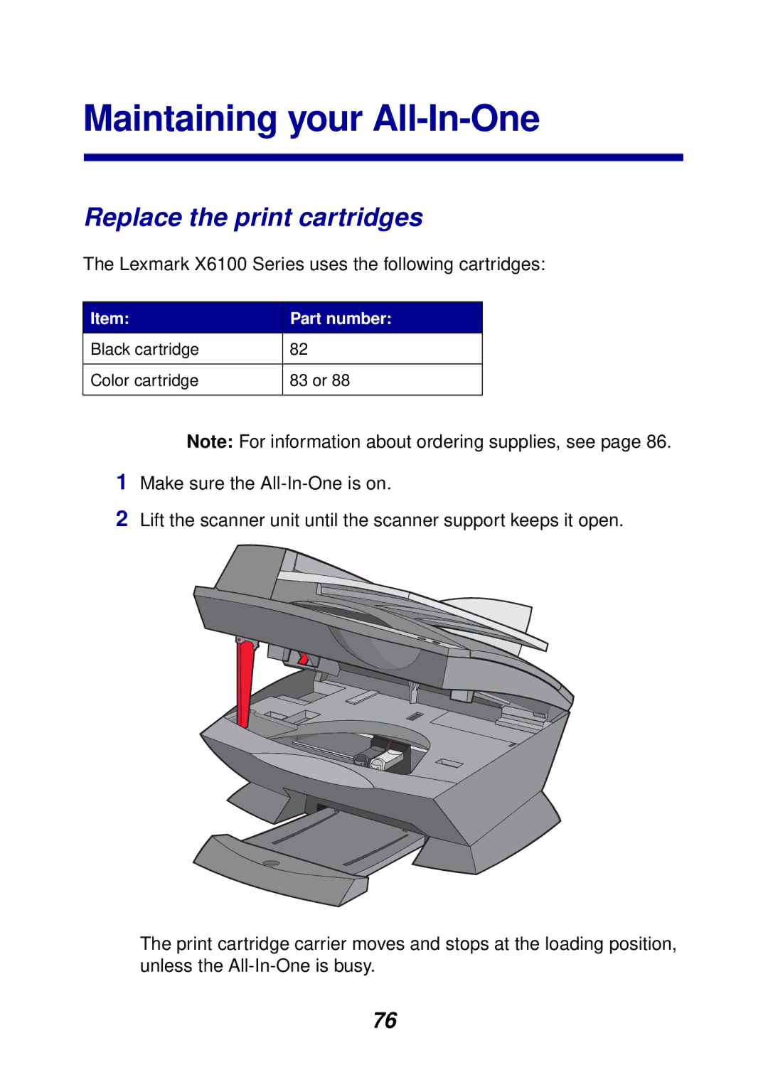 Lexmark X6100 manual Maintaining your All-In-One, Replace the print cartridges 