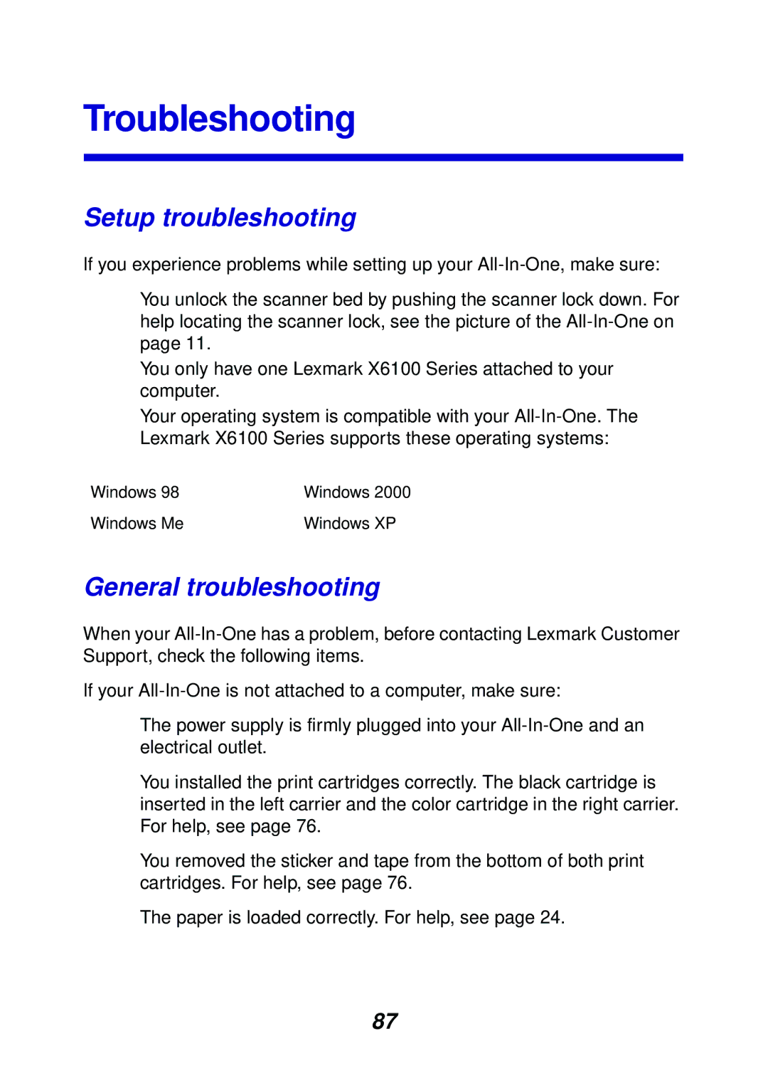 Lexmark X6100 manual Troubleshooting, Setup troubleshooting, General troubleshooting 