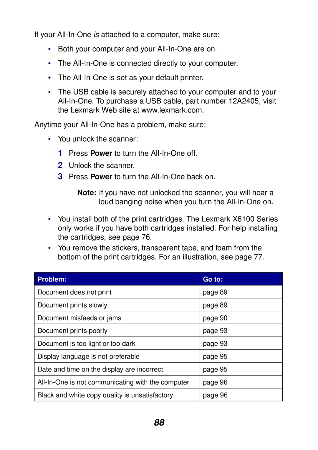 Lexmark X6100 manual Problem Go to 