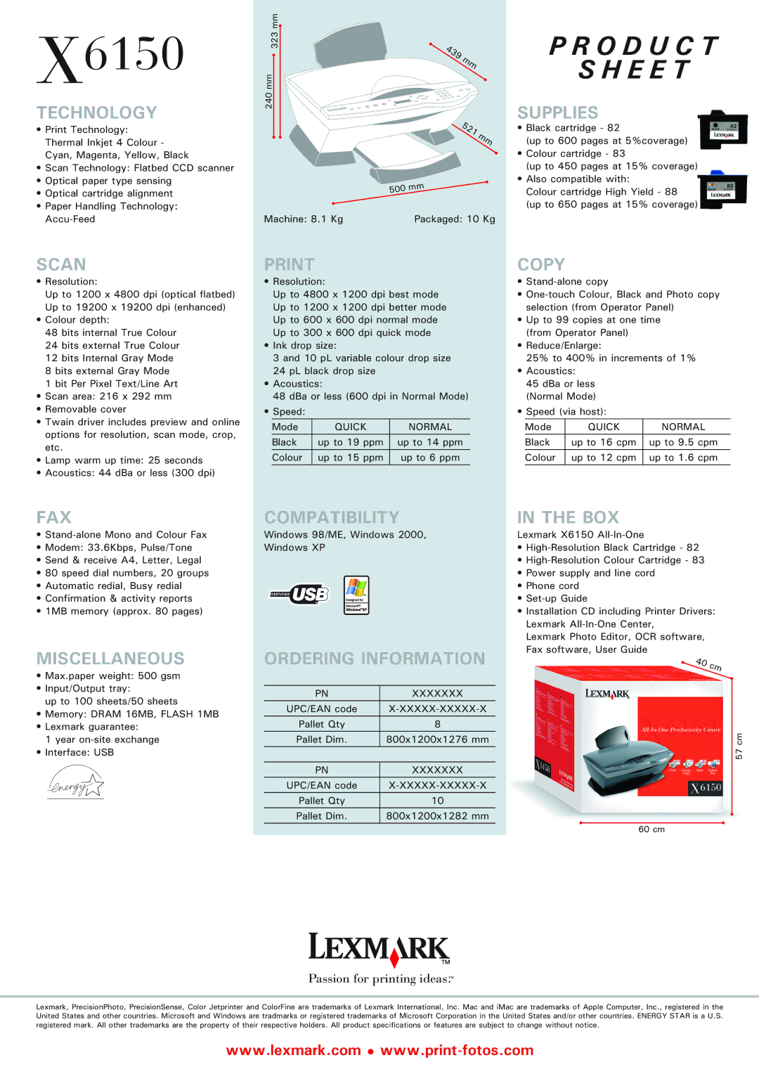 Lexmark X6150 manual Technology, Supplies, Scan, Copy, Fax, Miscellaneous, Compatibility, Ordering Information, Box 