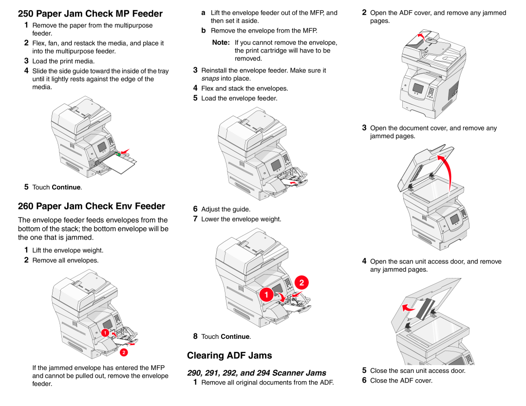 Lexmark X642 manual Paper Jam Check MP Feeder, Paper Jam Check Env Feeder, Clearing ADF Jams, Touch Continue 