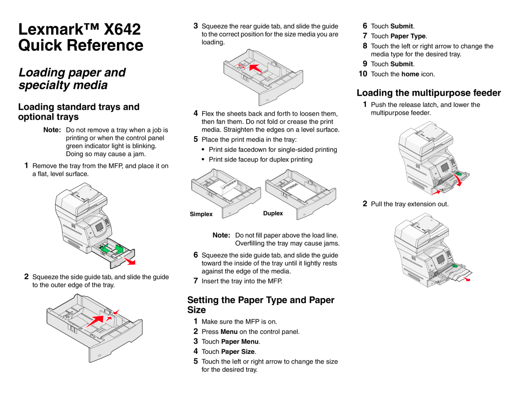 Lexmark X642 manual Loading paper and specialty media, Loading standard trays and optional trays, Touch Paper Type 