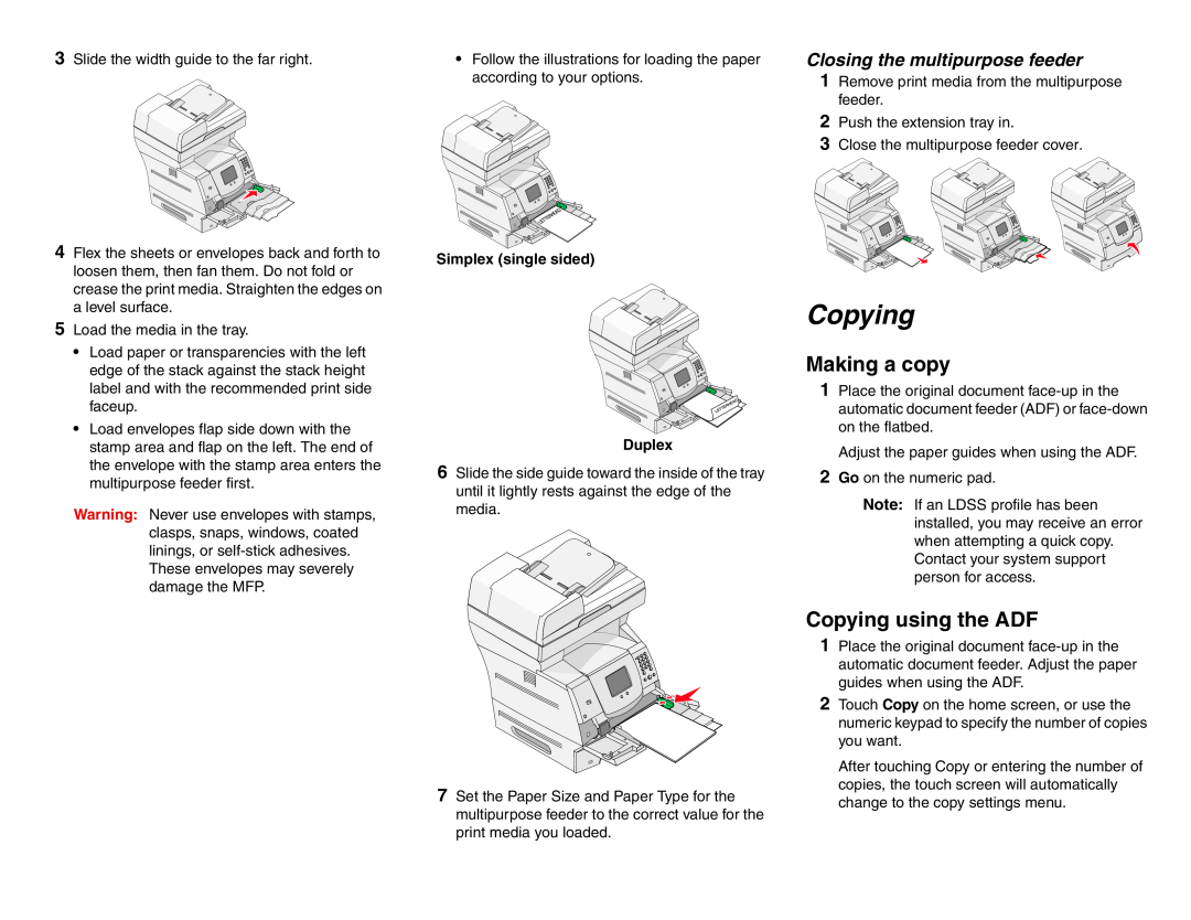 Lexmark X642 manual Making a copy, Copying using the ADF, Simplex single sided, Duplex, Closing the multipurpose feeder 
