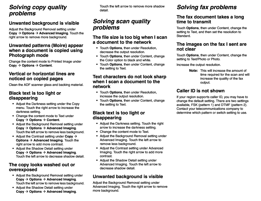 Lexmark X642 Solving copy quality problems, Solving scan quality problems, Solving fax problems, Caller ID is not shown 