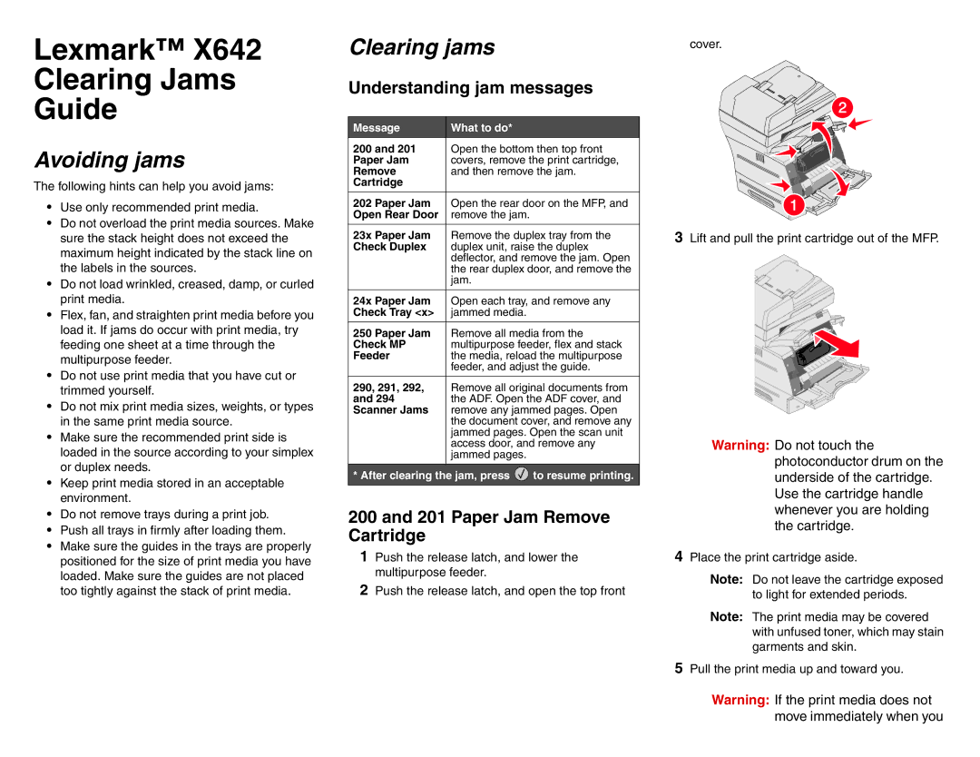 Lexmark X642 manual Understanding jam messages, Paper Jam Remove Cartridge 